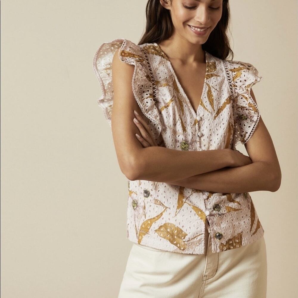 Ted Baker Womens Adaale Blouse Light Pink Leaf Button Ruffle Sleeve Eyelet 2/US6